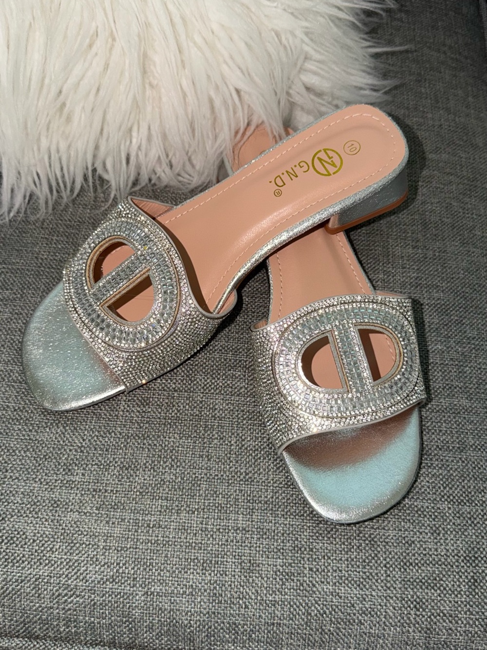 Silver Embellished Open-Toe Slide Sandals